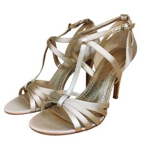 Brooks Brorhers Gold Satin Strappy Evening Sandals Heels Size‎ 8 Prom Wedding
